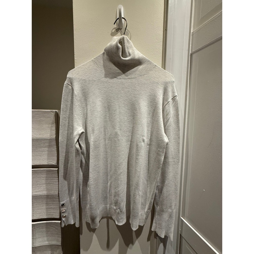 Zara Knit Women Light Gray Turtleneck Sweater Gold Button Cuff XL